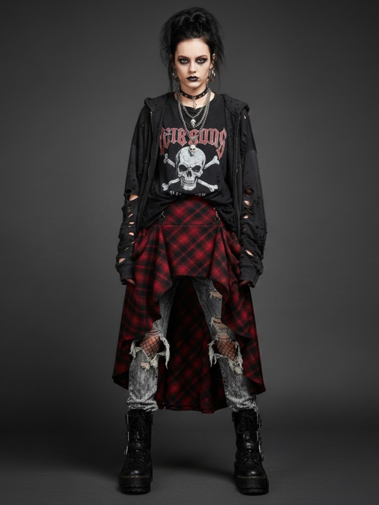 Gothic Red Plaid Draped High-Waist Skirt