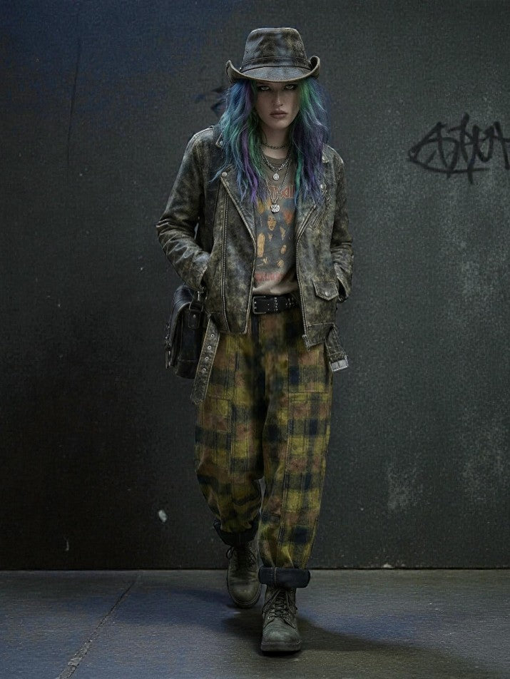 Plaid Spliced Denim Pants