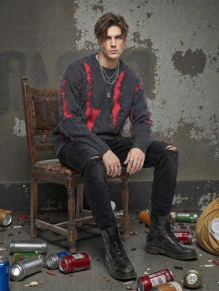 Ripped Crew Neck Knit Sweater