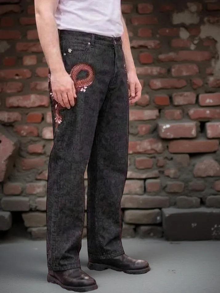 Harajuku Dragon Embroidered Baggy Jeans