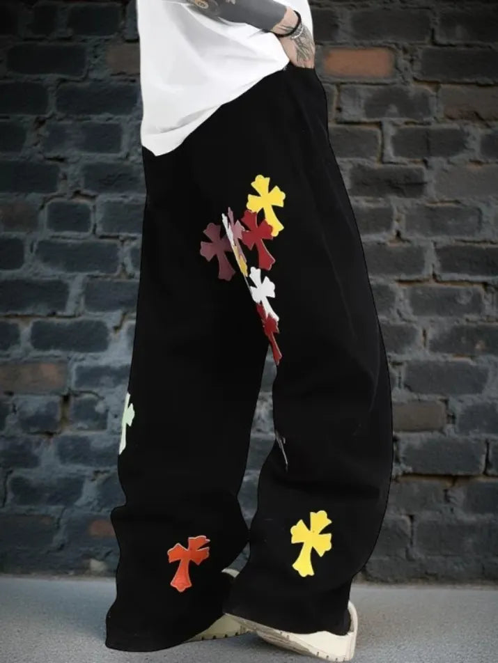 High-Street Cross Puzzle Print Loose Pants