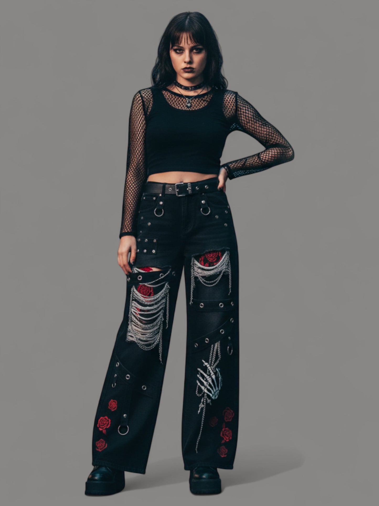Gothic Chain-Ripped Rose Embroidered Grunge