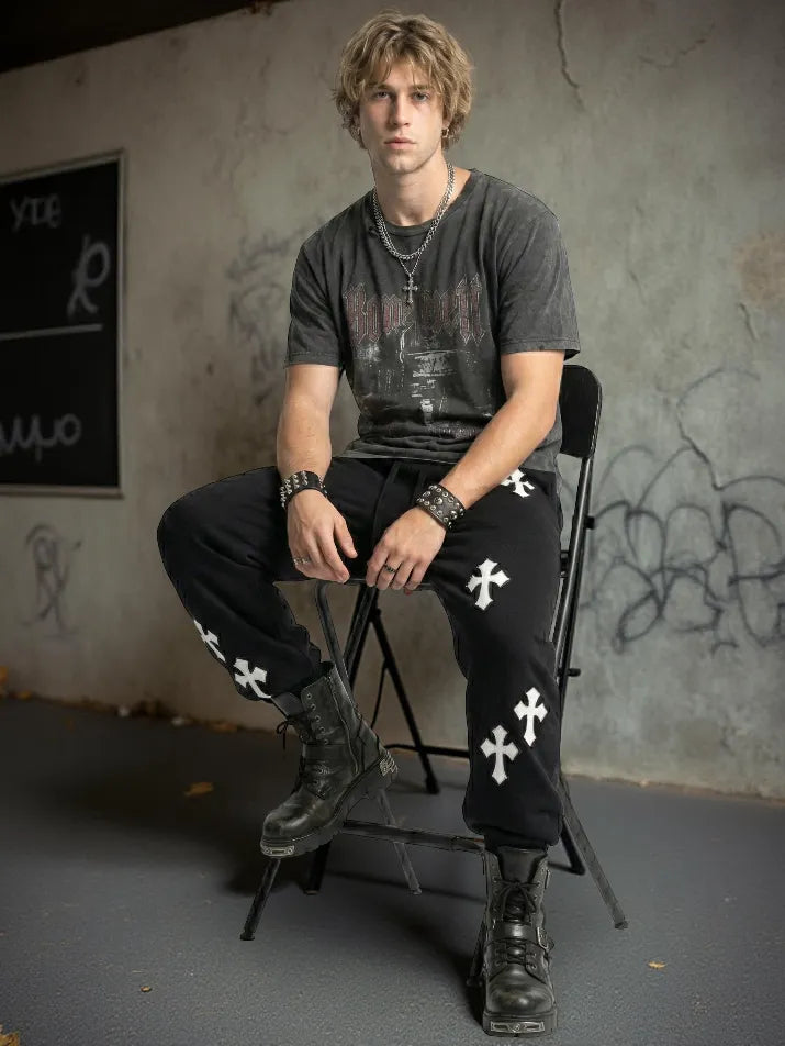 Cross Print Wide-Leg Pants