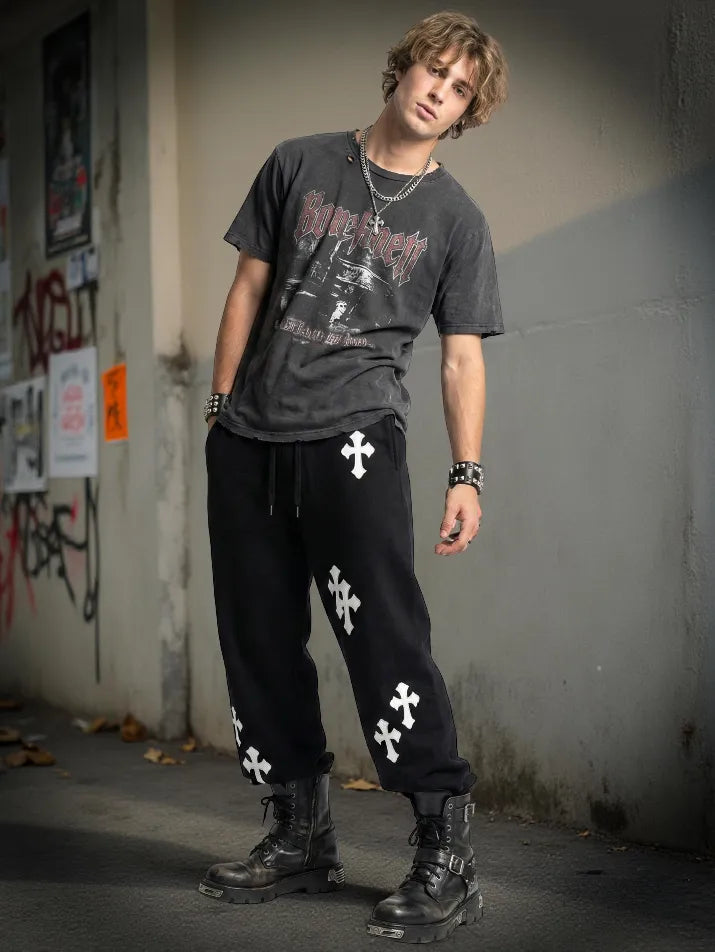 Cross Print Wide-Leg Pants