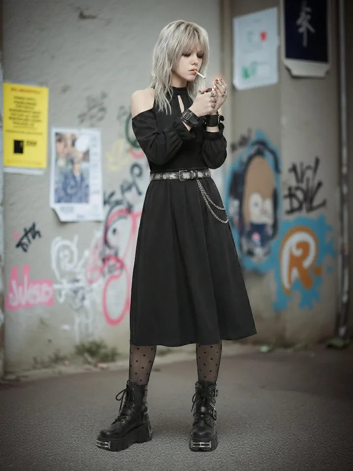Off-Shoulder Gothic Midi Dress