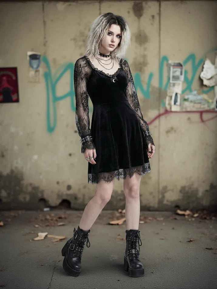 Lace Trim Gothic Mini Dress