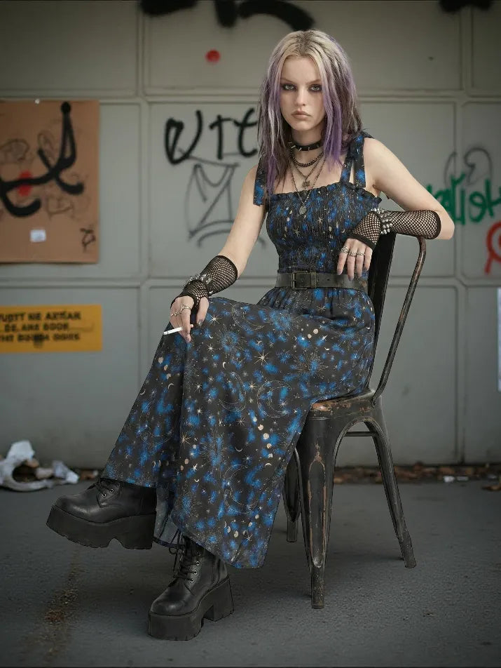 Skull Shirred Long Dress