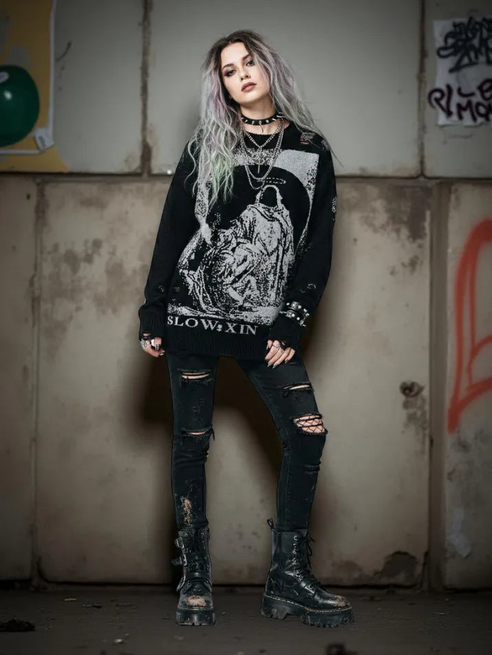 Ripped Graphic Knit Pullover