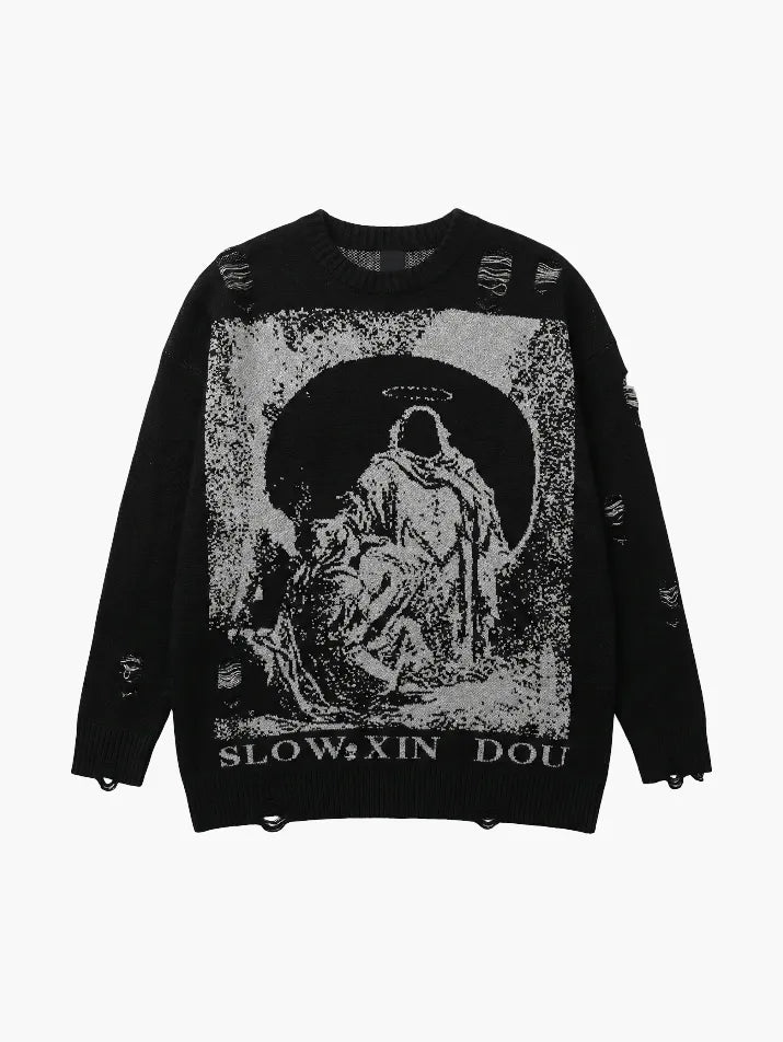 Ripped Graphic Knit Pullover