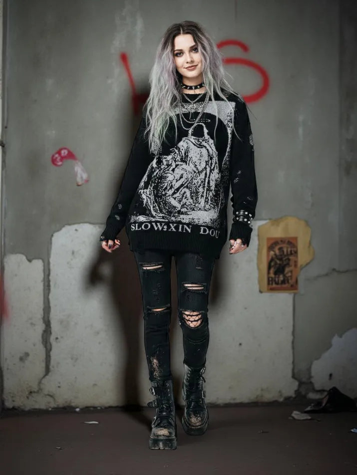 Ripped Graphic Knit Pullover