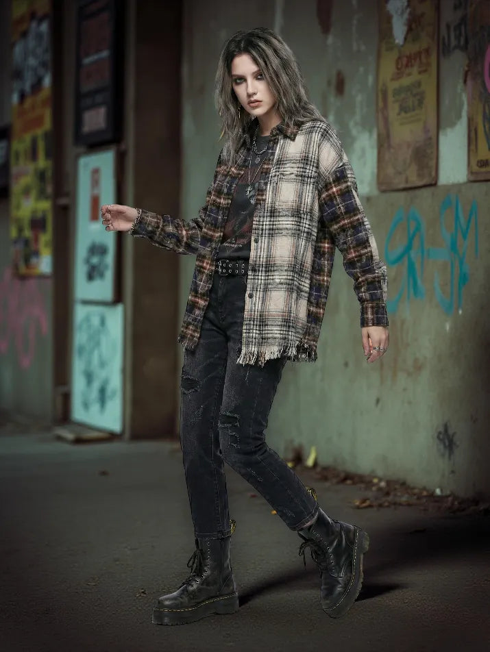 Distressed Plaid Patchwork Shirt