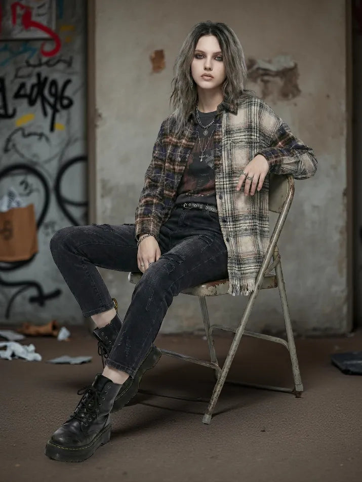 Distressed Plaid Patchwork Shirt