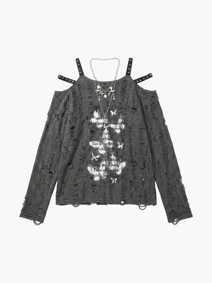 Off-Shoulder Ripped Knit Tee