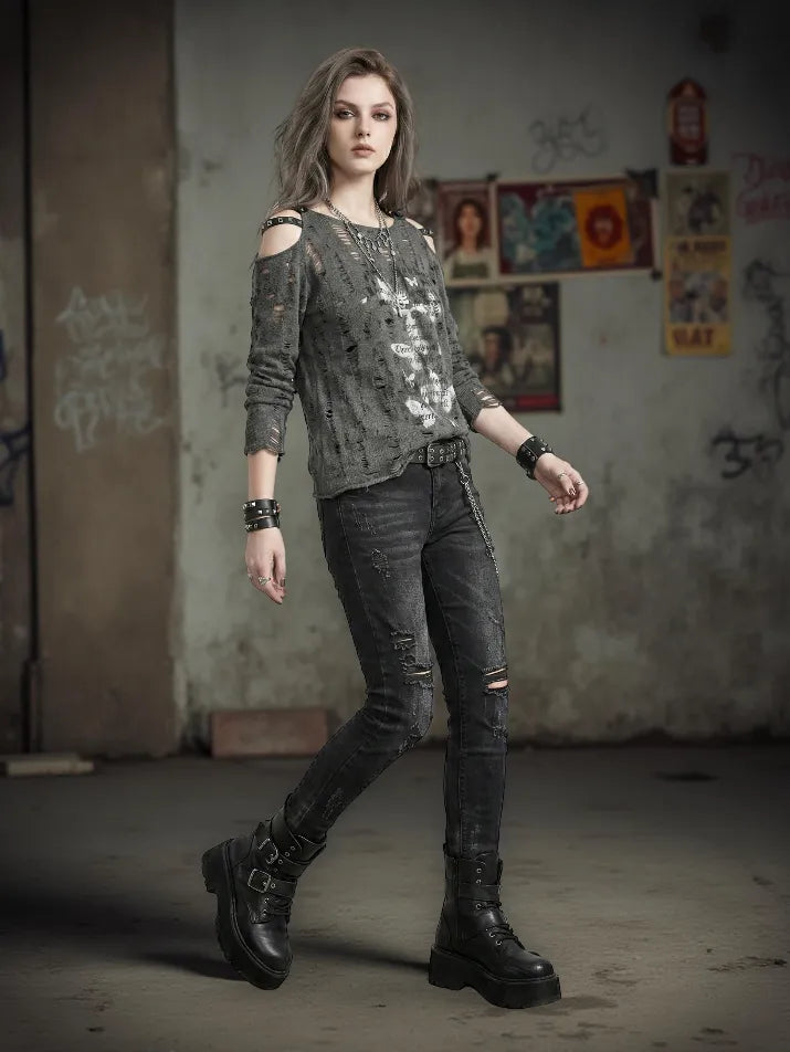 Off-Shoulder Ripped Knit Tee