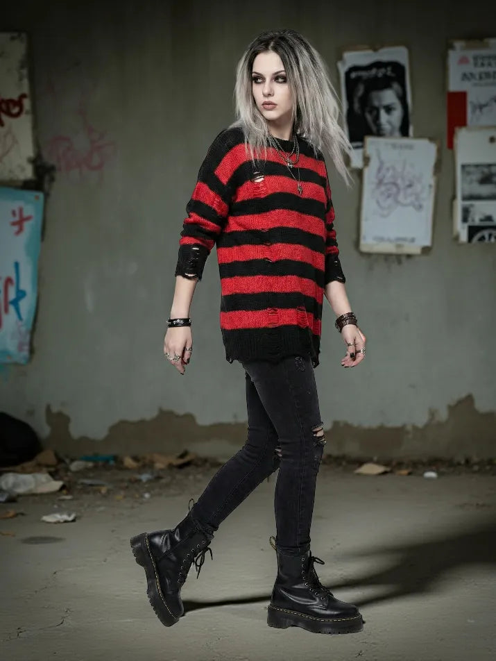 Striped Ripped Knit Sweater