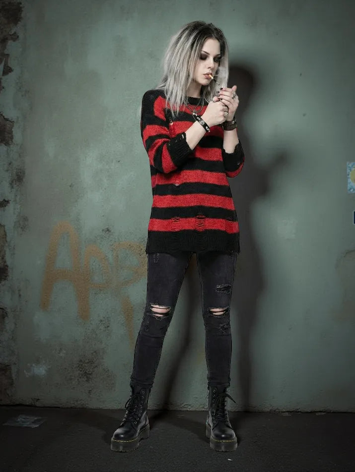 Striped Ripped Knit Sweater