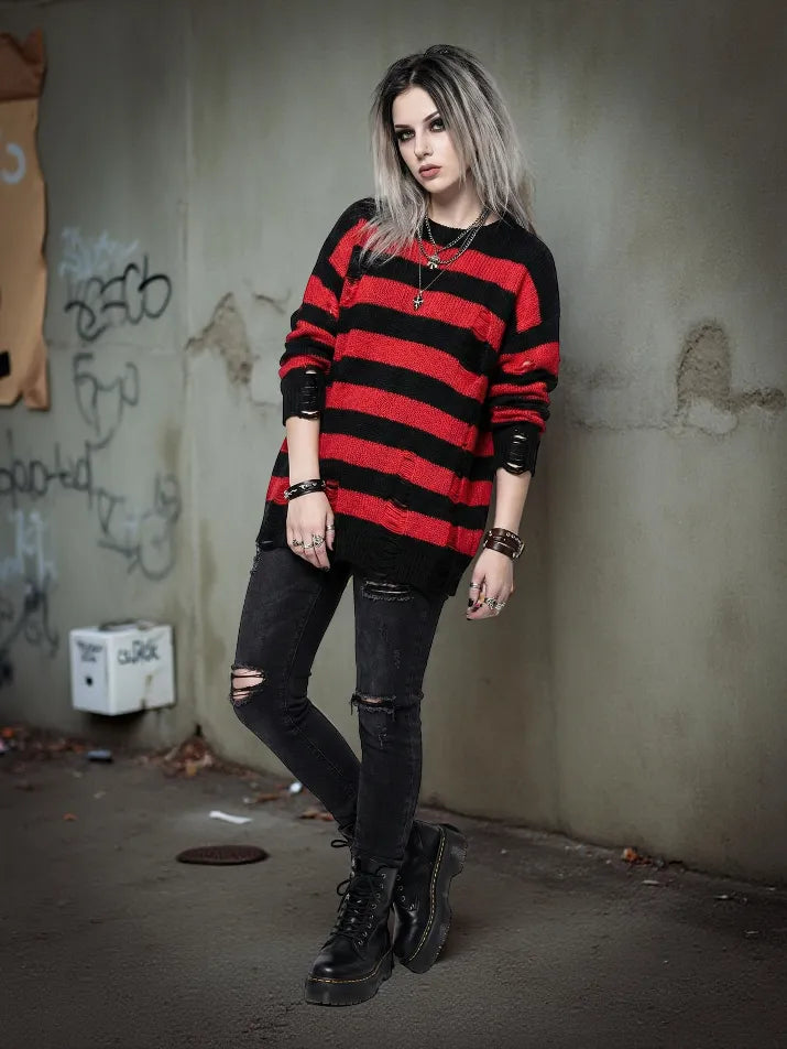 Striped Ripped Knit Sweater
