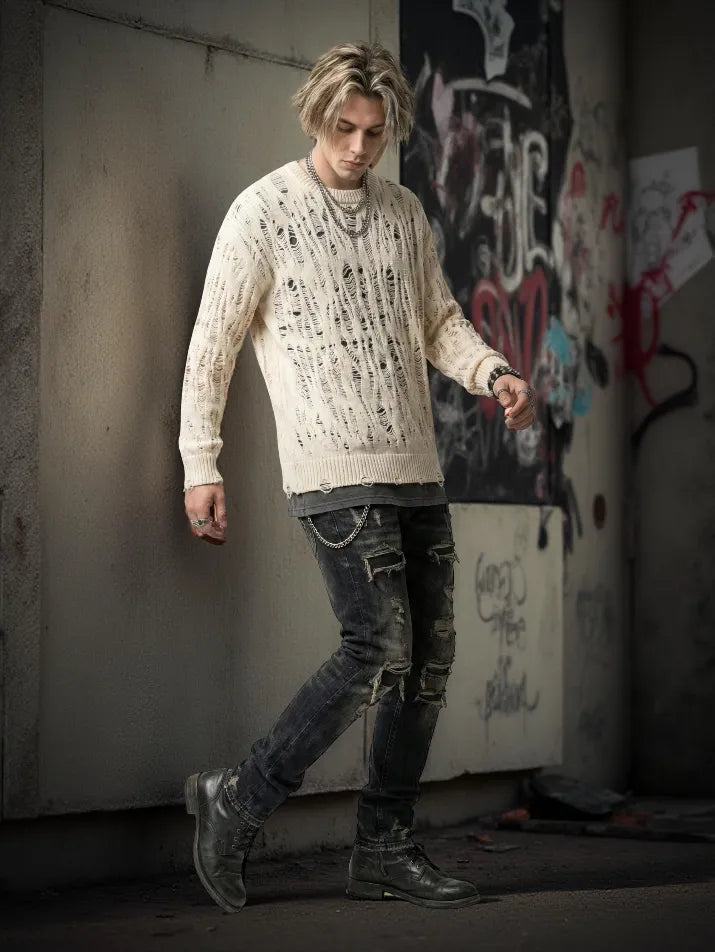 Ripped Mesh Knit Long Sleeve Tee
