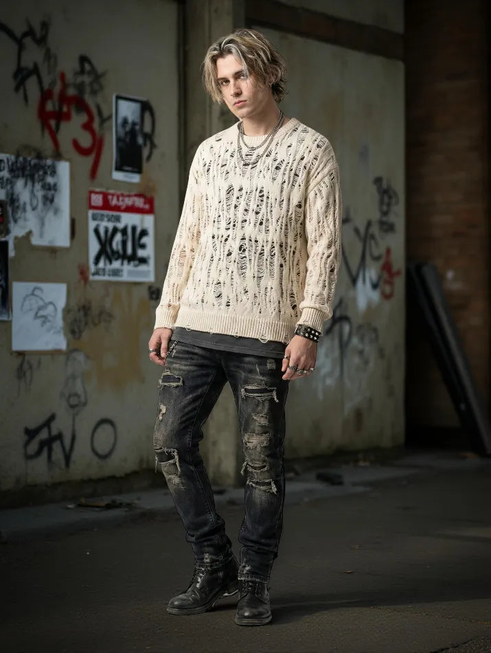 Ripped Mesh Knit Long Sleeve Tee