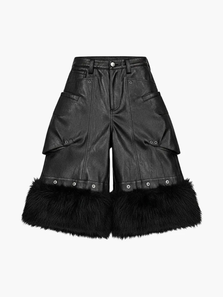 Faux Fur Patchwork Leather Shorts
