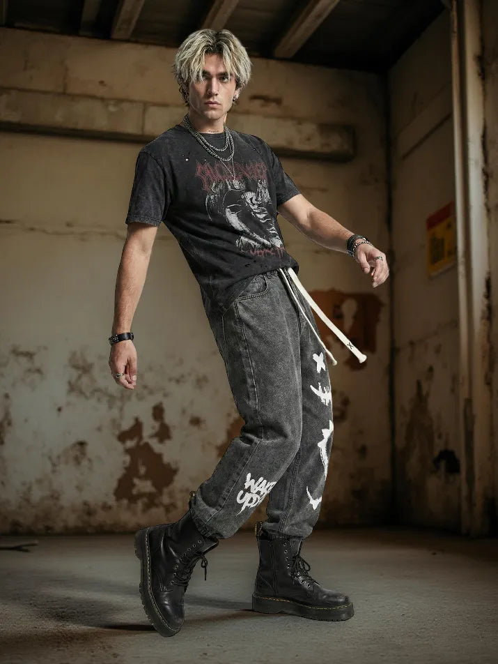 Black Graphic Baggy Denim Pants