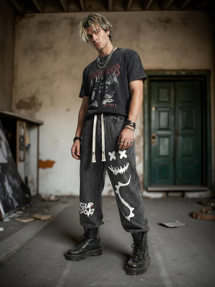 Black Graphic Baggy Denim Pants
