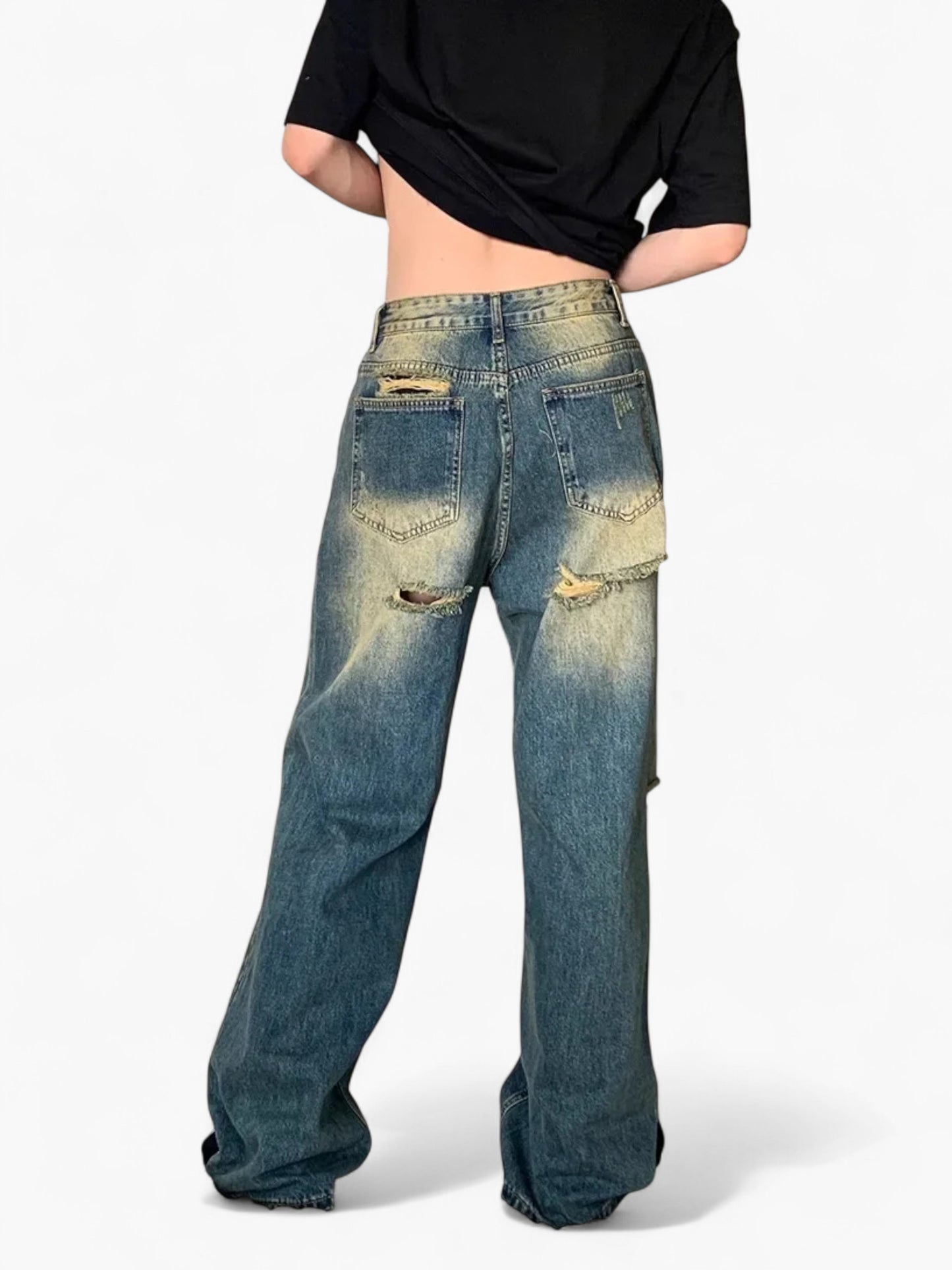 Grunge Ripped Straight-Leg Jeans