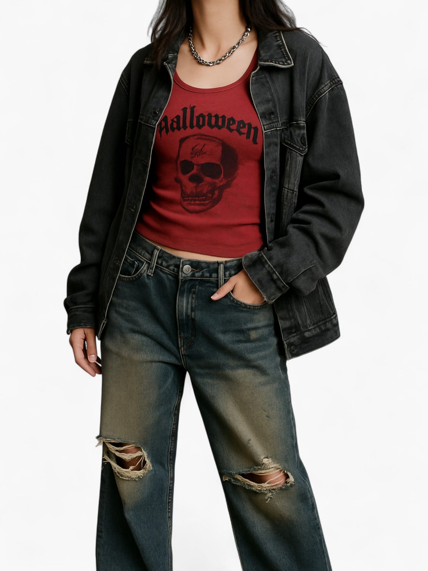 Grunge Ripped Straight-Leg Jeans