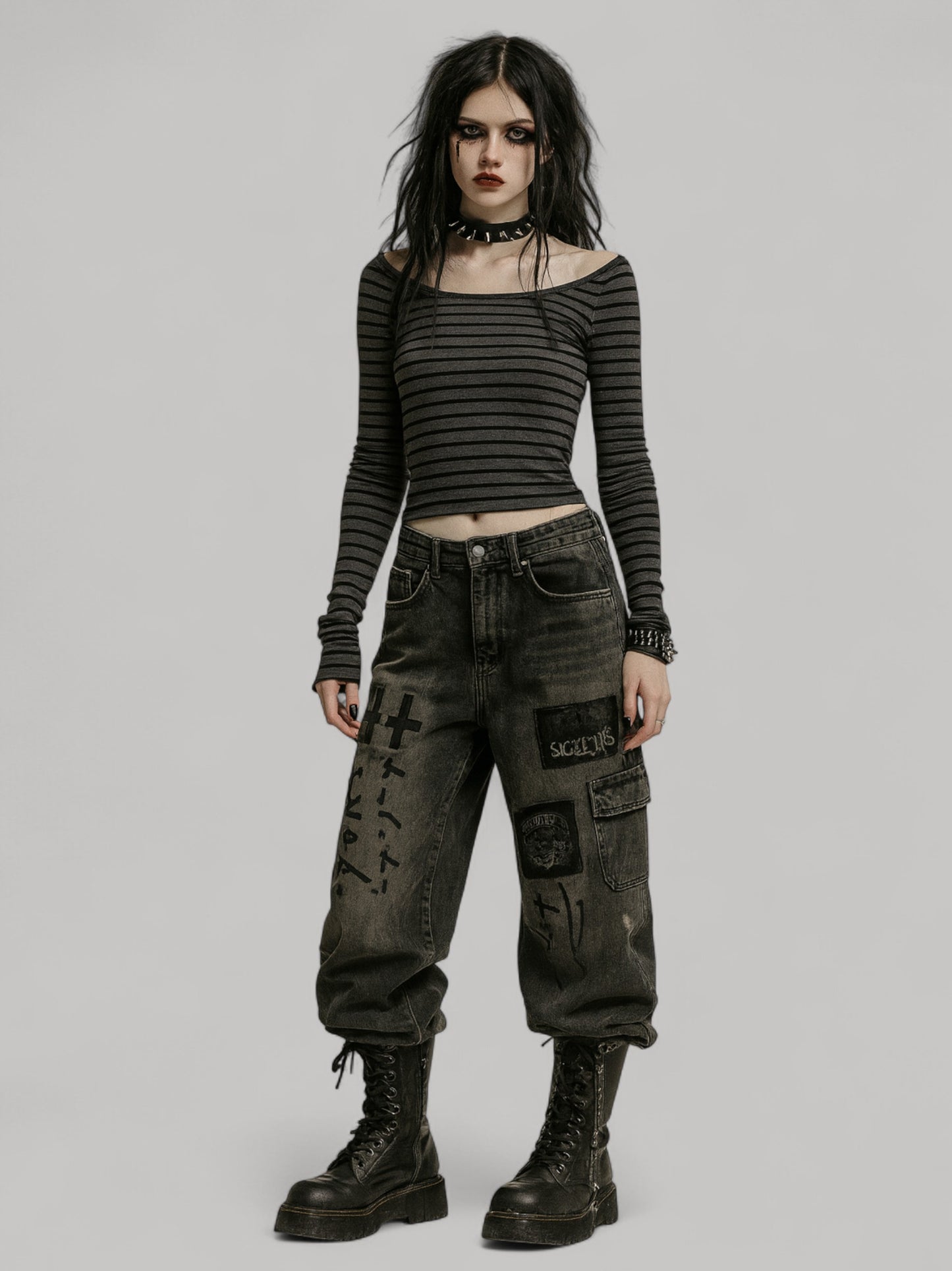 Y2K Off-Shoulder Striped Long Sleeve Top