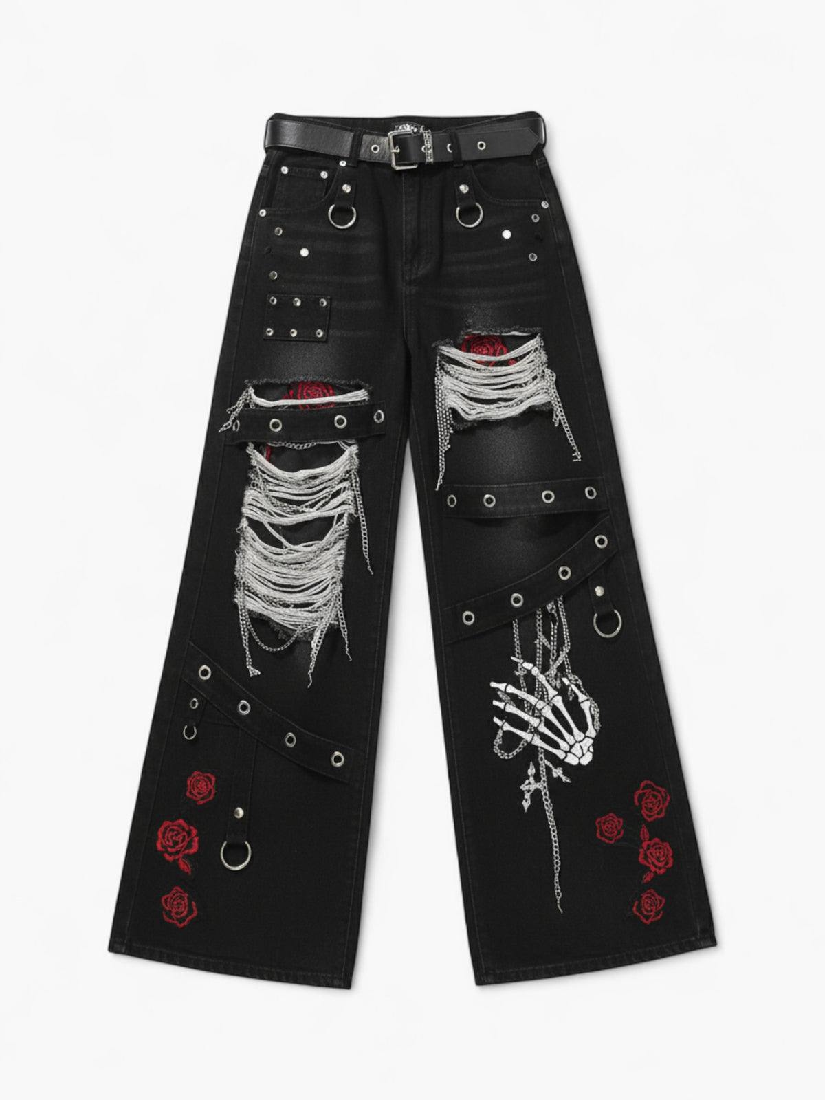 Gothic Chain-Ripped Rose Embroidered Grunge