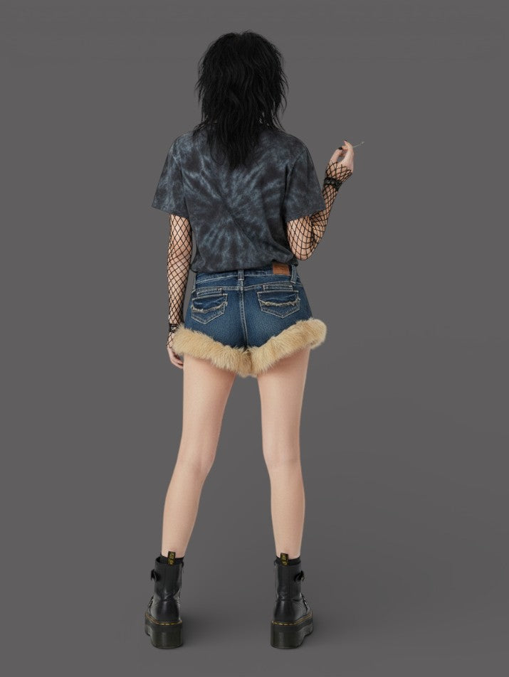 Low-Rise Fluffy Splice Denim Shorts