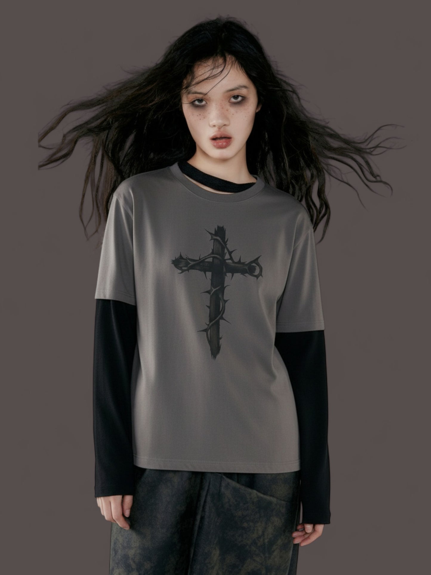 Gothic Grunge Cross Long Sleeve Layered Tee