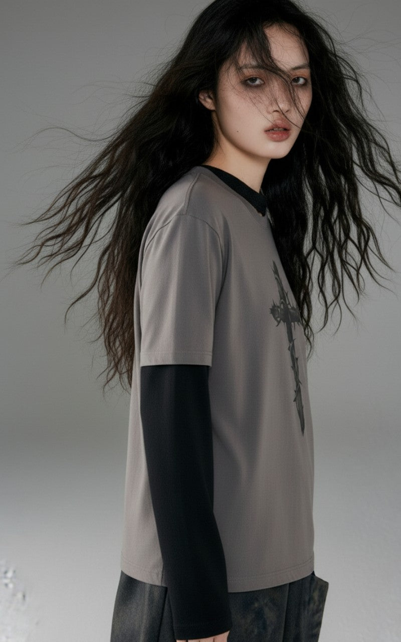 Gothic Grunge Cross Long Sleeve Layered Tee