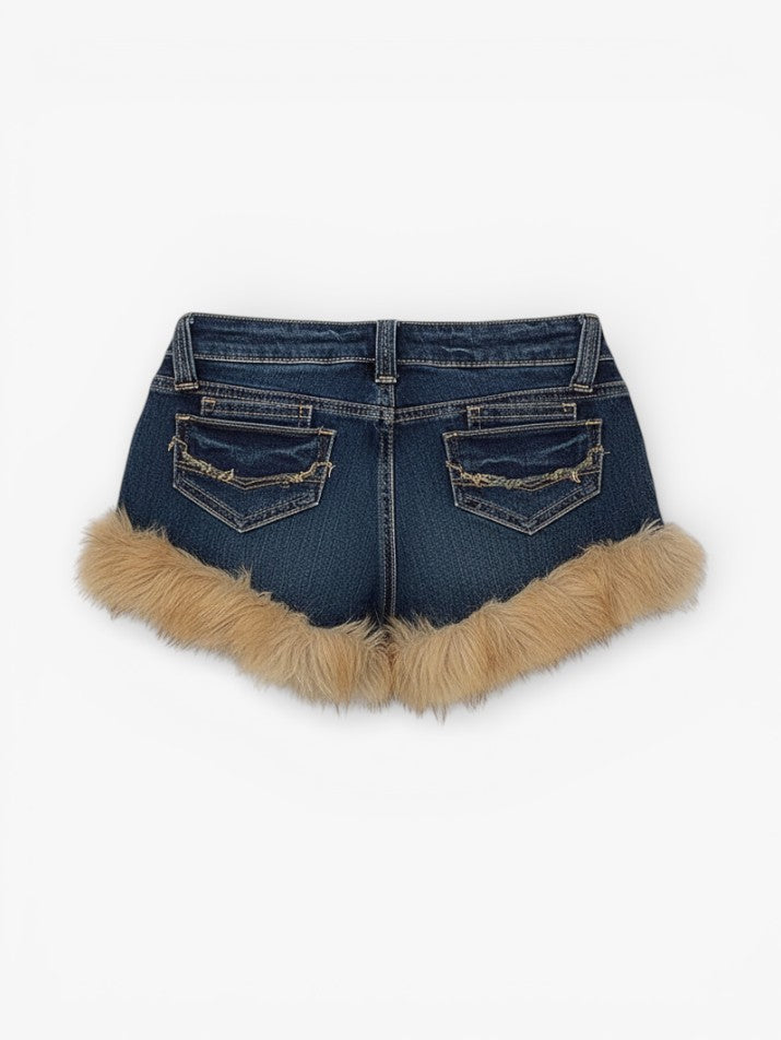 Low-Rise Fluffy Splice Denim Shorts