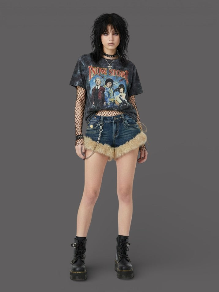 Low-Rise Fluffy Splice Denim Shorts