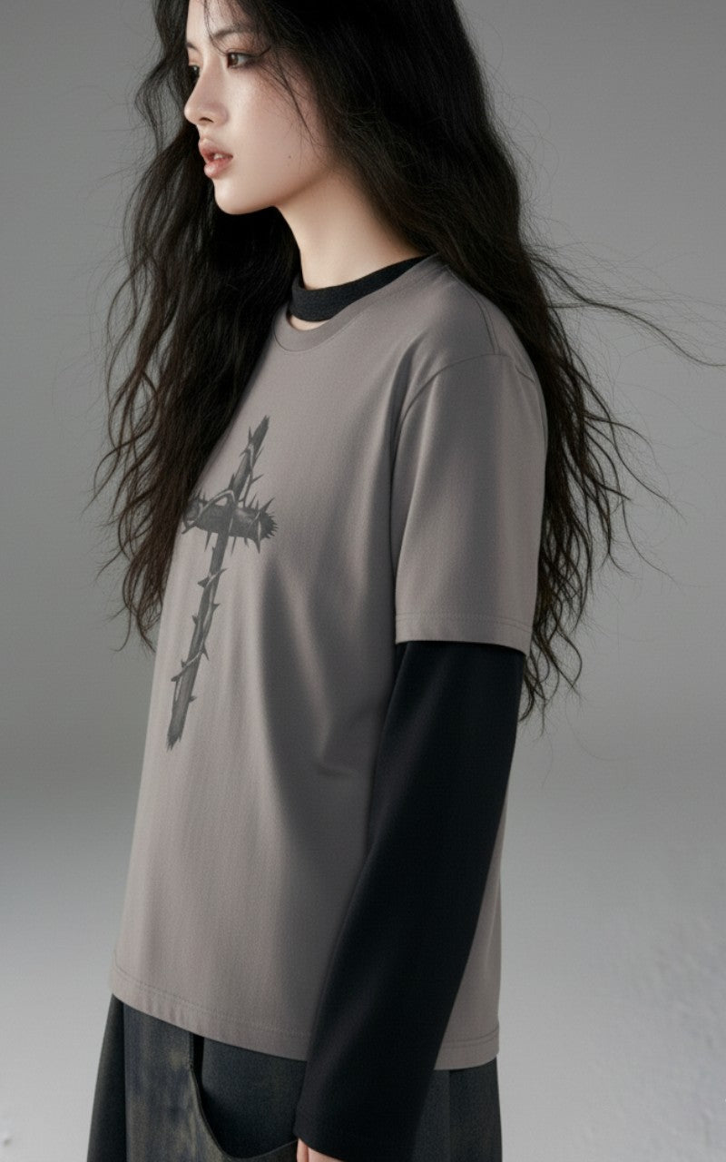 Gothic Grunge Cross Long Sleeve Layered Tee