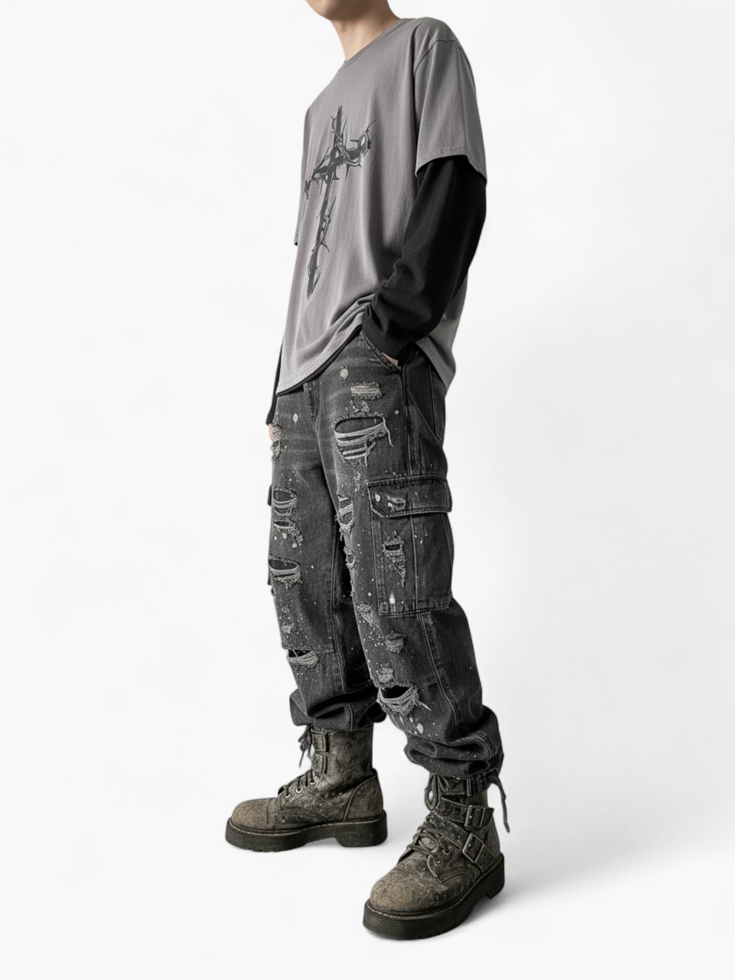 Gothic Grunge Cross Long Sleeve Layered Tee
