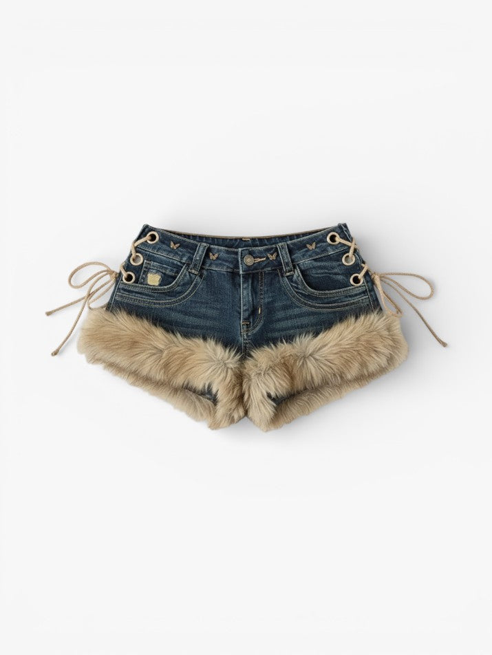 Low-Rise Fluffy Splice Denim Shorts