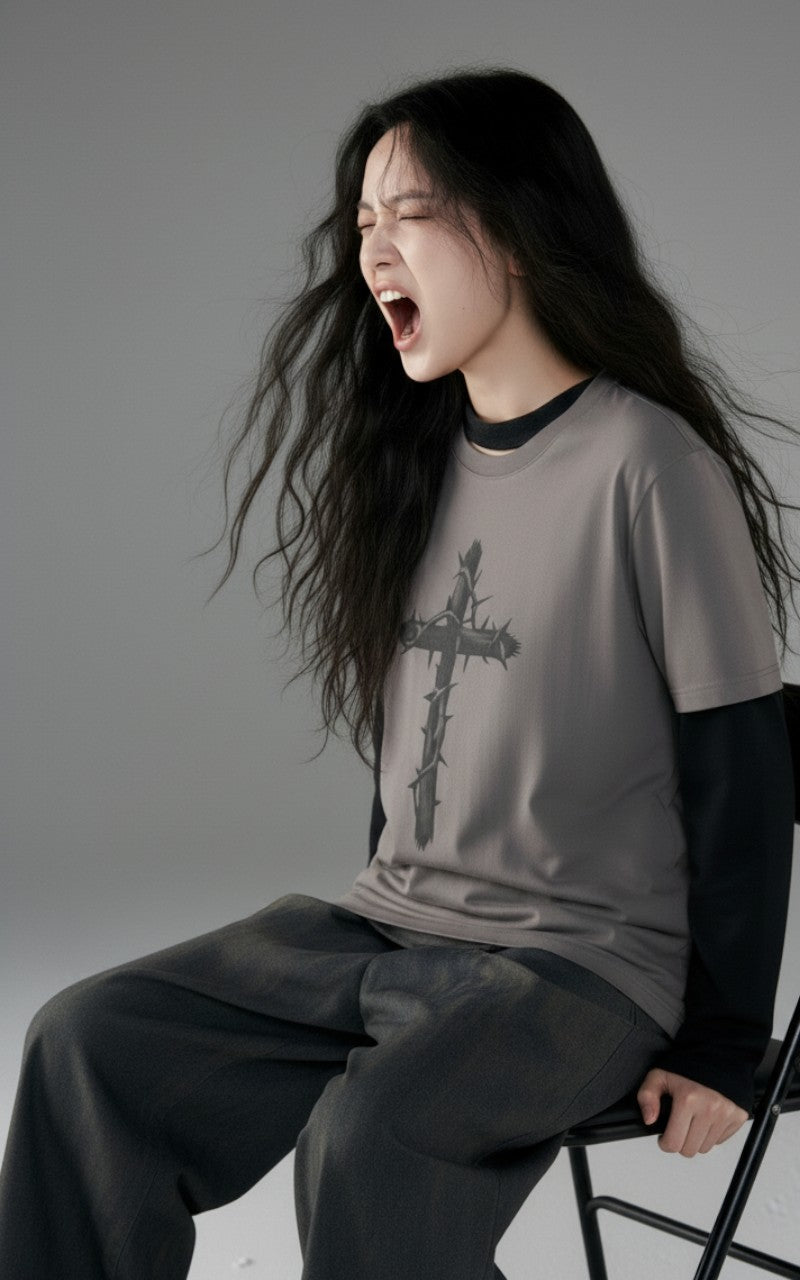 Gothic Grunge Cross Long Sleeve Layered Tee
