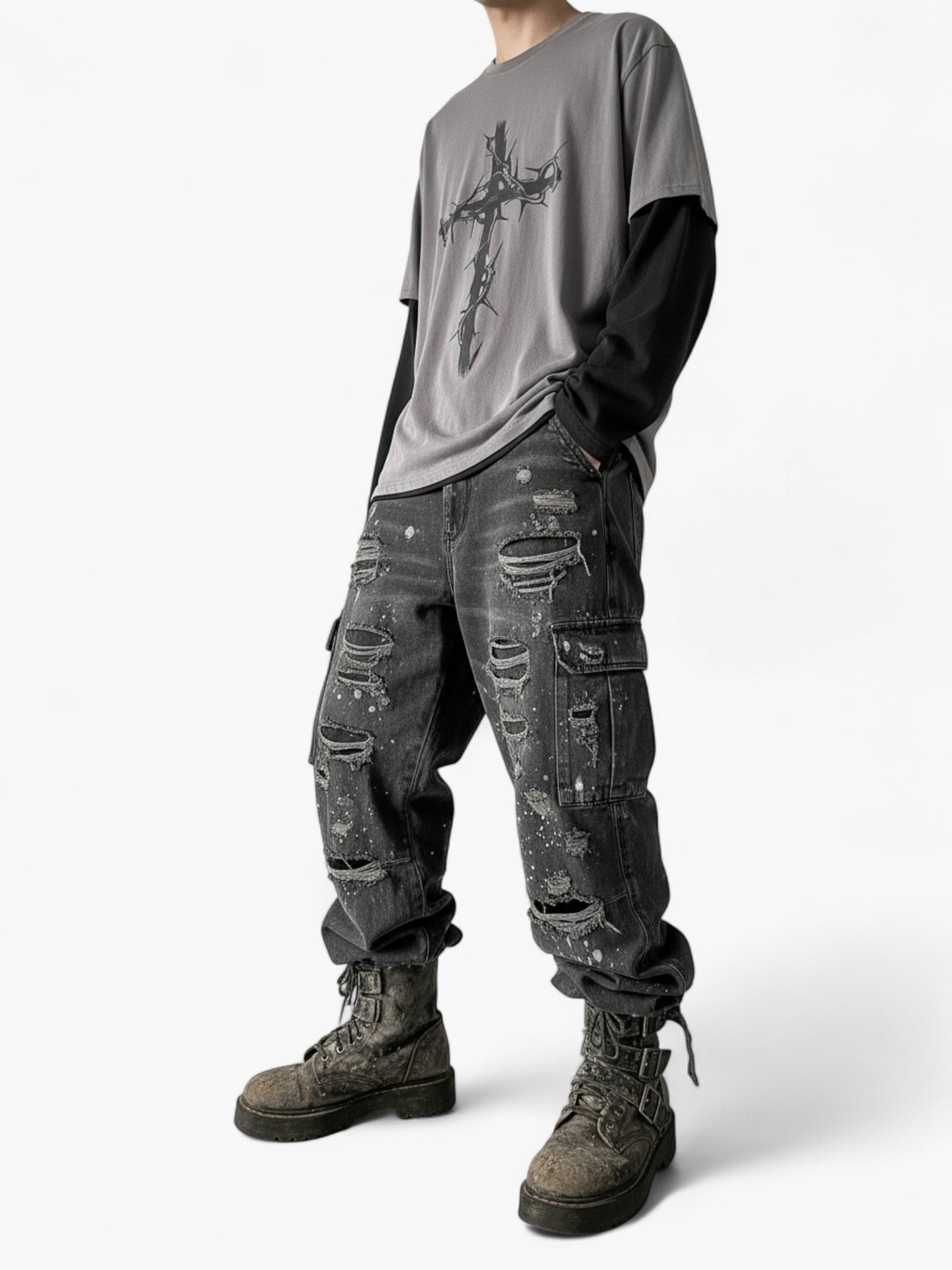 Gothic Grunge Cross Long Sleeve Layered Tee