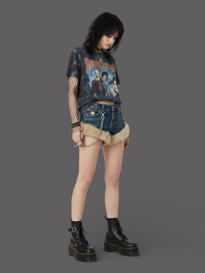 Low-Rise Fluffy Splice Denim Shorts