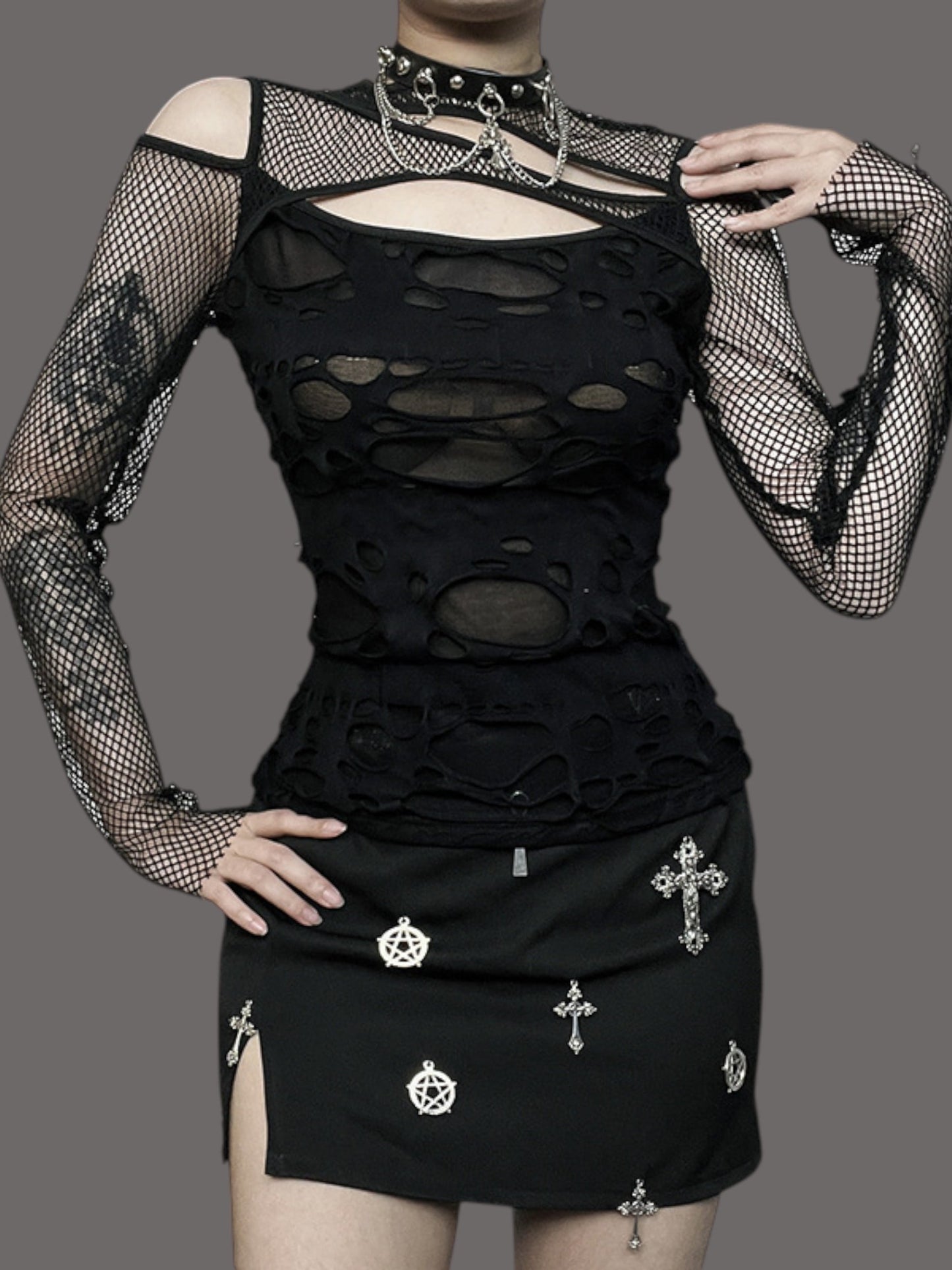 Gothic Hollow-Out Fishnet Patchwork Grunge Top