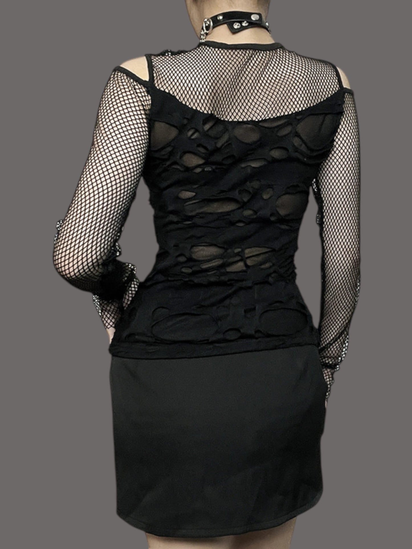 Gothic Hollow-Out Fishnet Patchwork Grunge Top