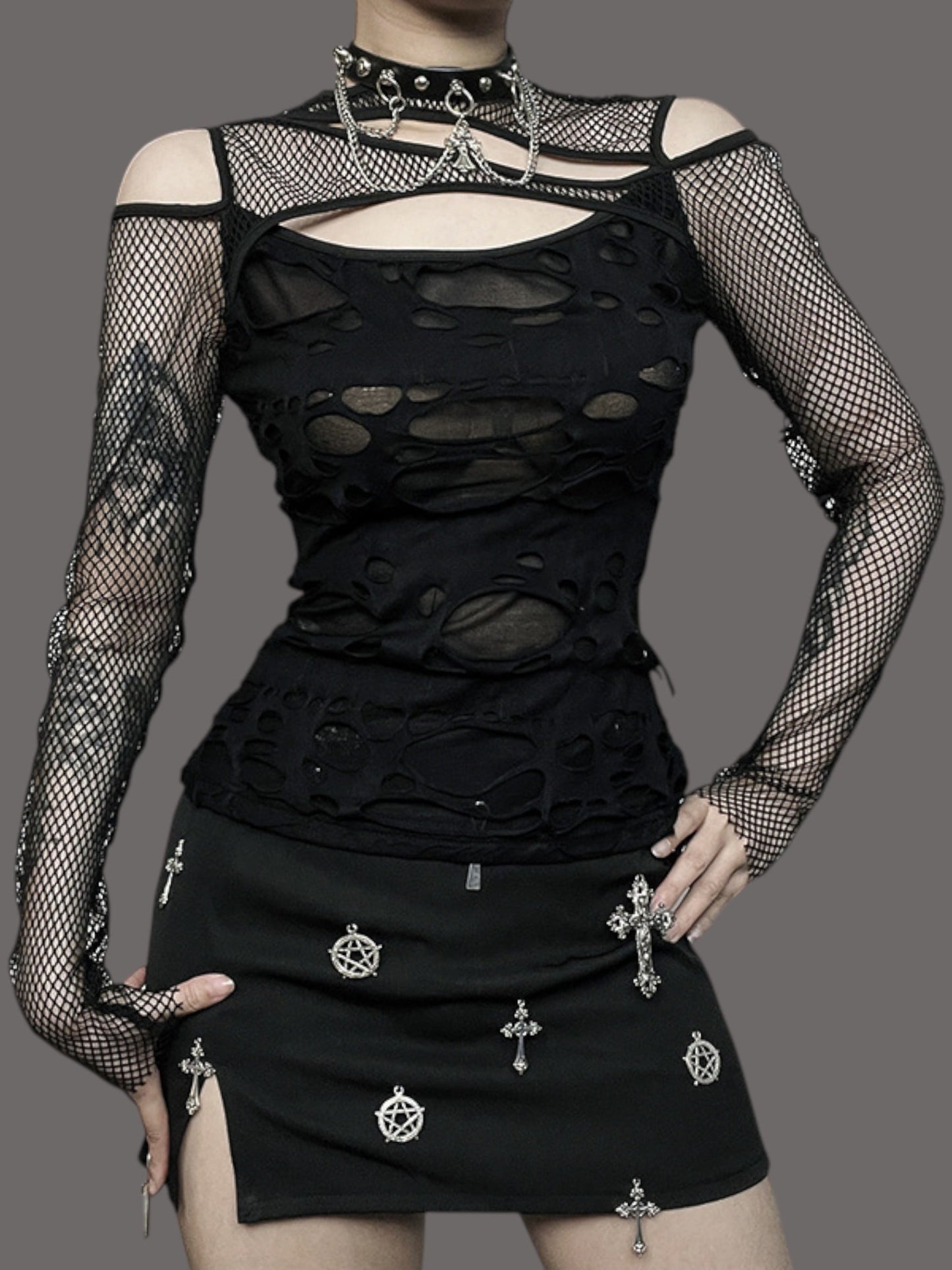 Gothic Hollow-Out Fishnet Patchwork Grunge Top