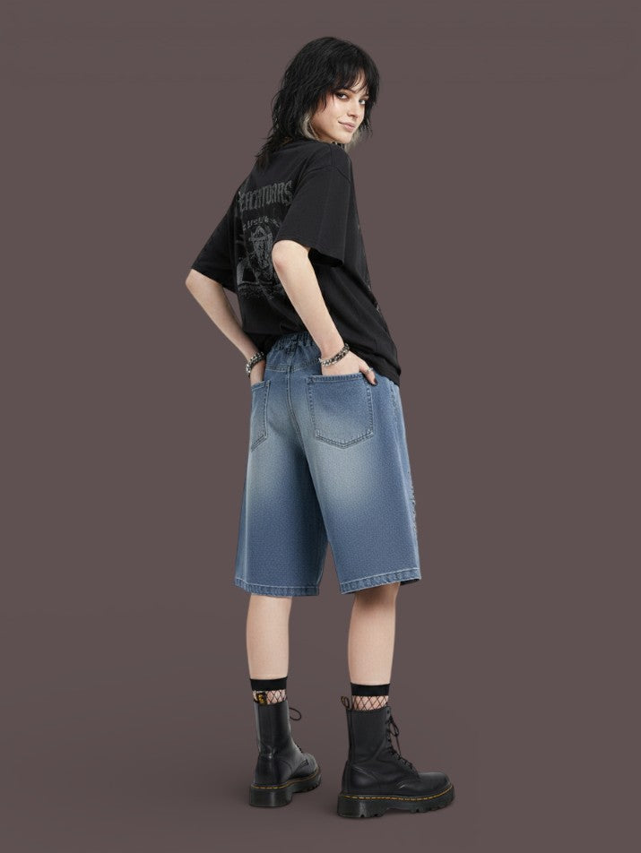 Vintage Embroidered Ripped Denim Shorts Grunge Loose Fit