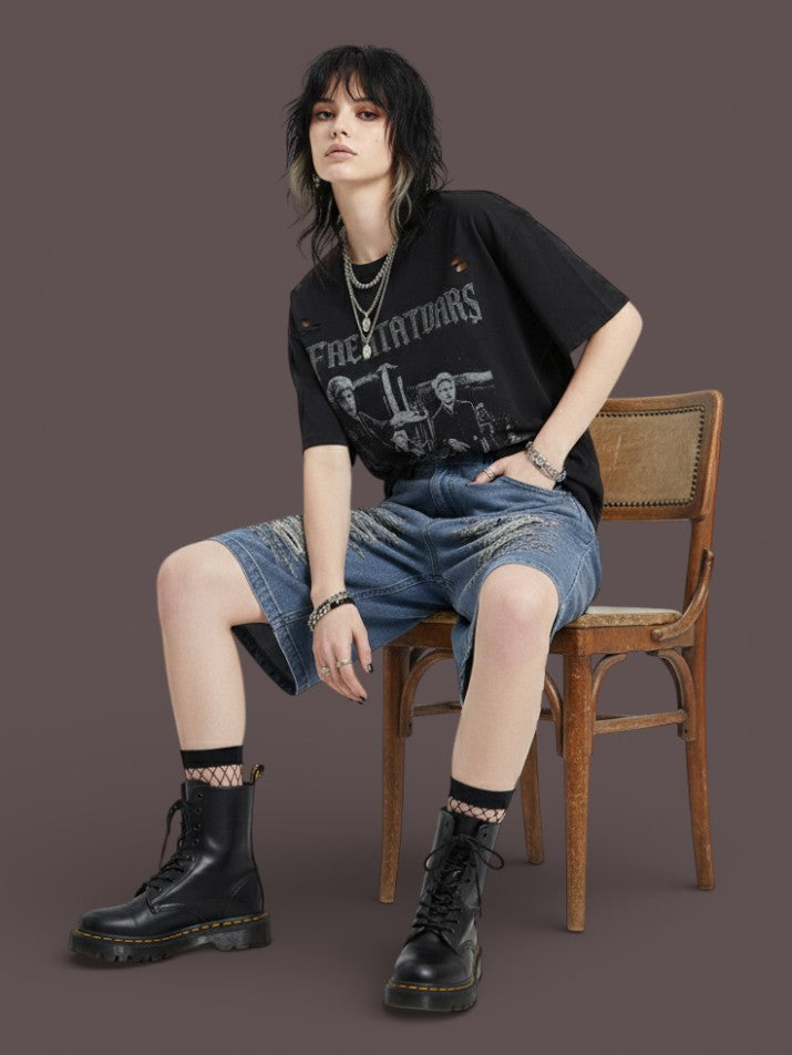 Vintage Embroidered Ripped Denim Shorts Grunge Loose Fit
