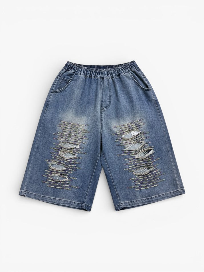 Vintage Embroidered Ripped Denim Shorts Grunge Loose Fit