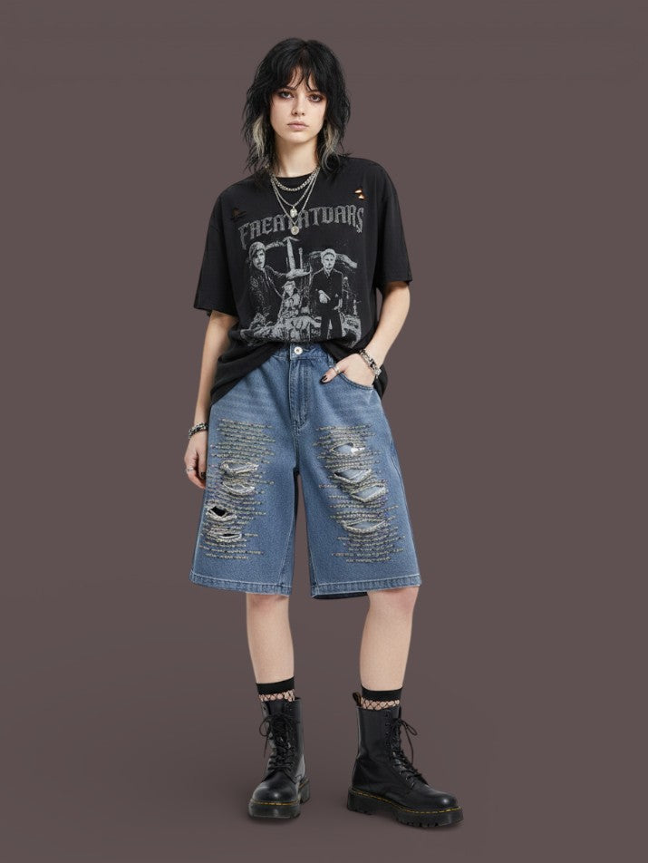 Vintage Embroidered Ripped Denim Shorts Grunge Loose Fit
