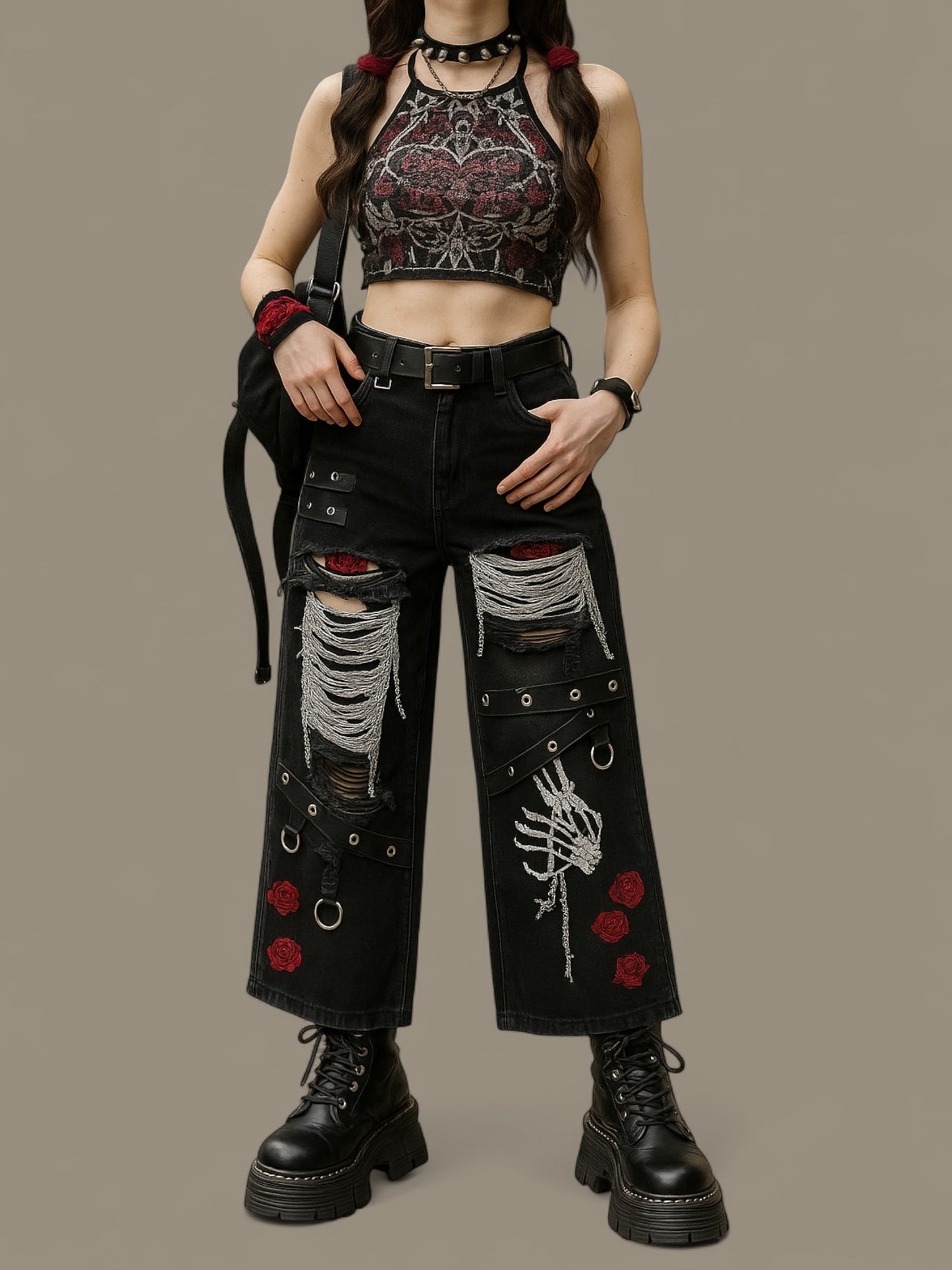 Gothic Chain-Ripped Rose Embroidered Grunge