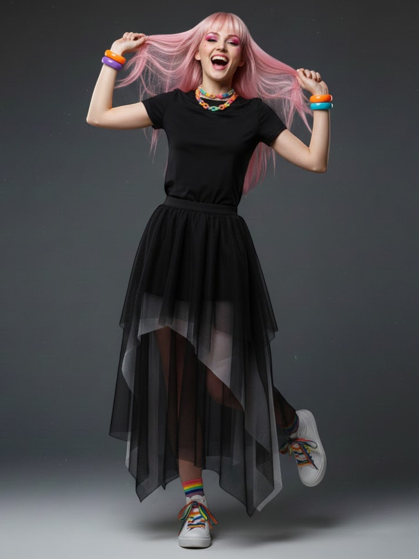 Gothic Irregular Mesh High-Waist Layered Skirt